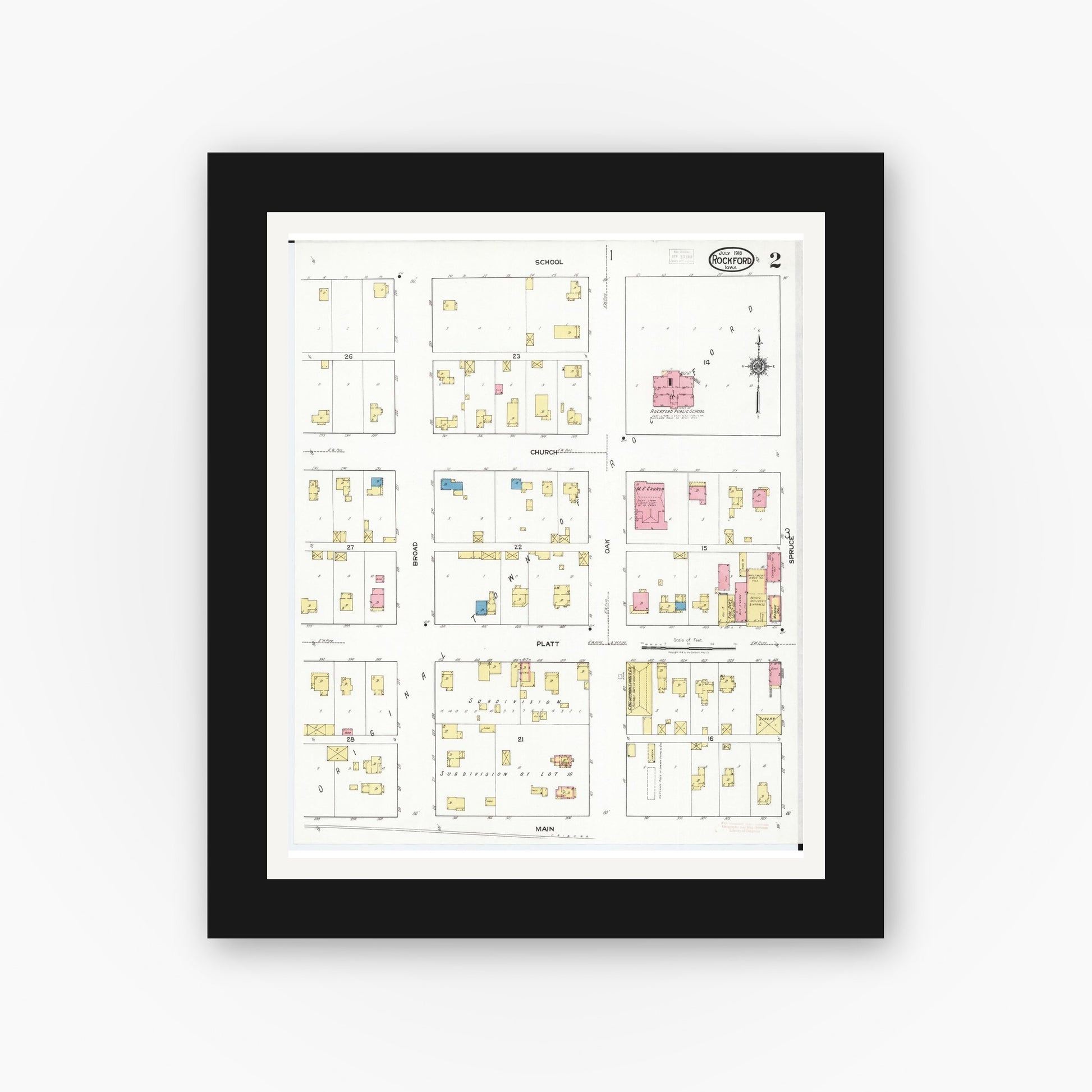 Old map wall art mockup — black gallery frame with white mat — Sanborn Fire Insurance Map from Rockford, Floyd County, Iowa (1918), Sheet #0002