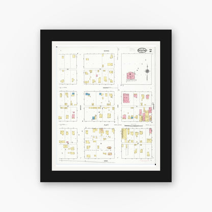 Old map wall art mockup — black gallery frame with white mat — Sanborn Fire Insurance Map from Rockford, Floyd County, Iowa (1918), Sheet #0002