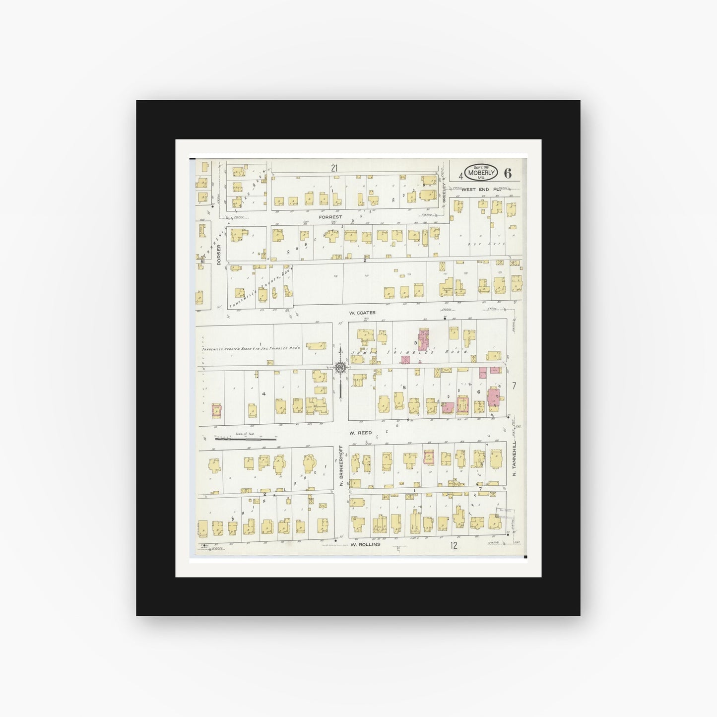 Old map wall art mockup — black gallery frame with white mat — Sanborn Fire Insurance Map from Moberly, Randolph County, Missouri (1916), Sheet #0006