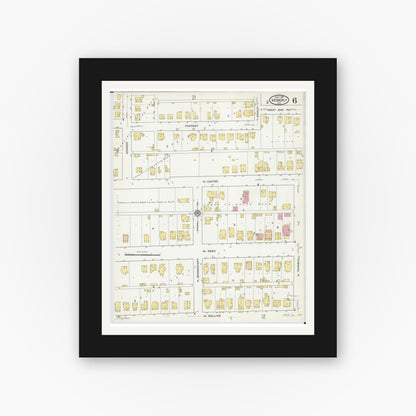 Old map wall art mockup — black gallery frame with white mat — Sanborn Fire Insurance Map from Moberly, Randolph County, Missouri (1916), Sheet #0006