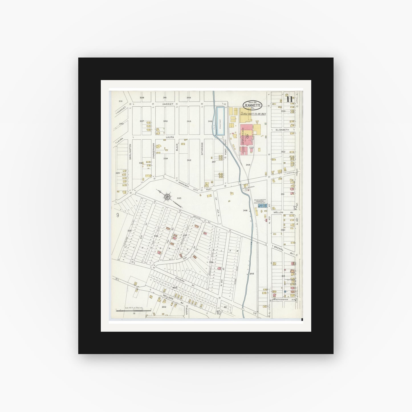 Old map wall art mockup — black gallery frame with white mat — Sanborn Fire Insurance Map from Jeannette, Westmoreland County, Pennsylvania (1916), Sheet #0011