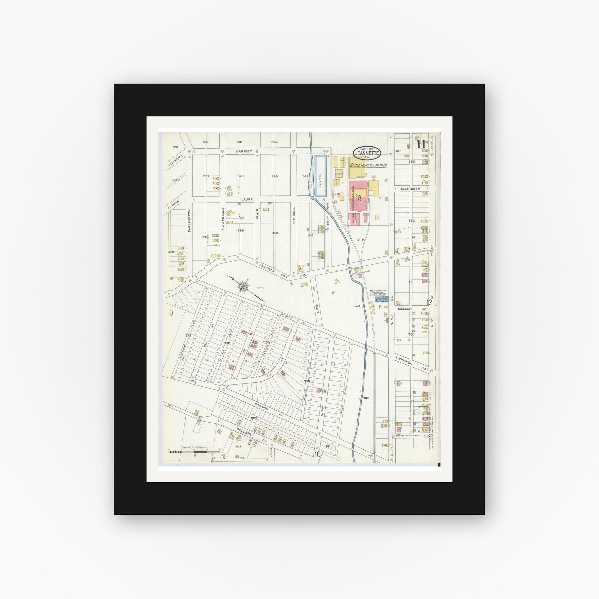 Old map wall art mockup — black gallery frame with white mat — Sanborn Fire Insurance Map from Jeannette, Westmoreland County, Pennsylvania (1916), Sheet #0011