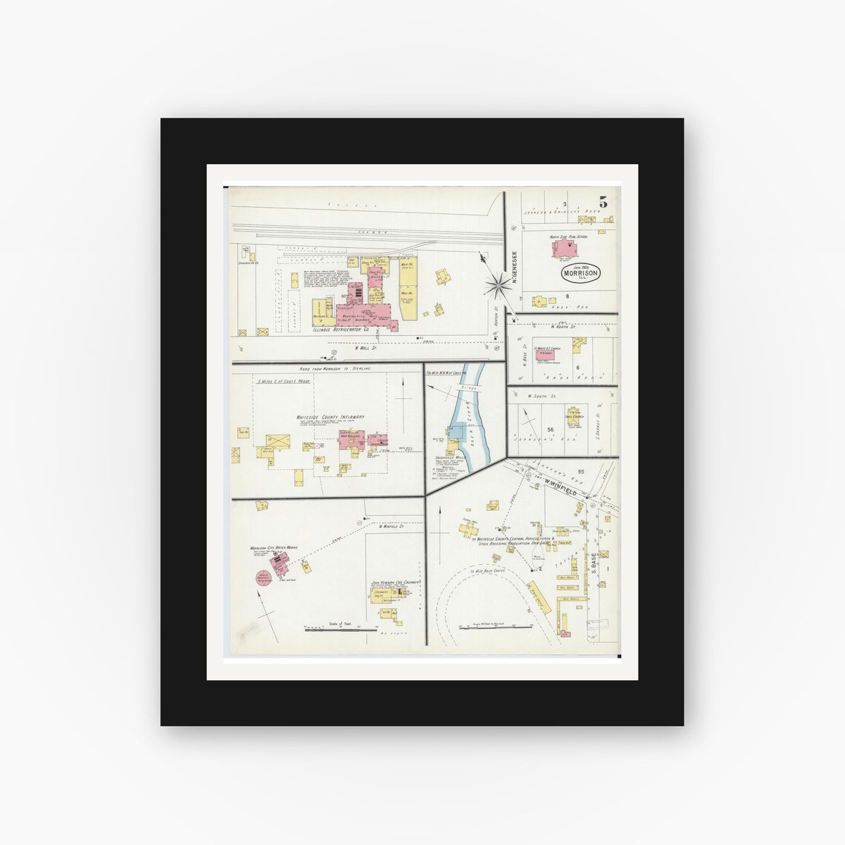 Old map wall art mockup — black gallery frame with white mat — Sanborn Fire Insurance Map from Morrison, Whiteside County, Illinois (1903), Sheet #0005