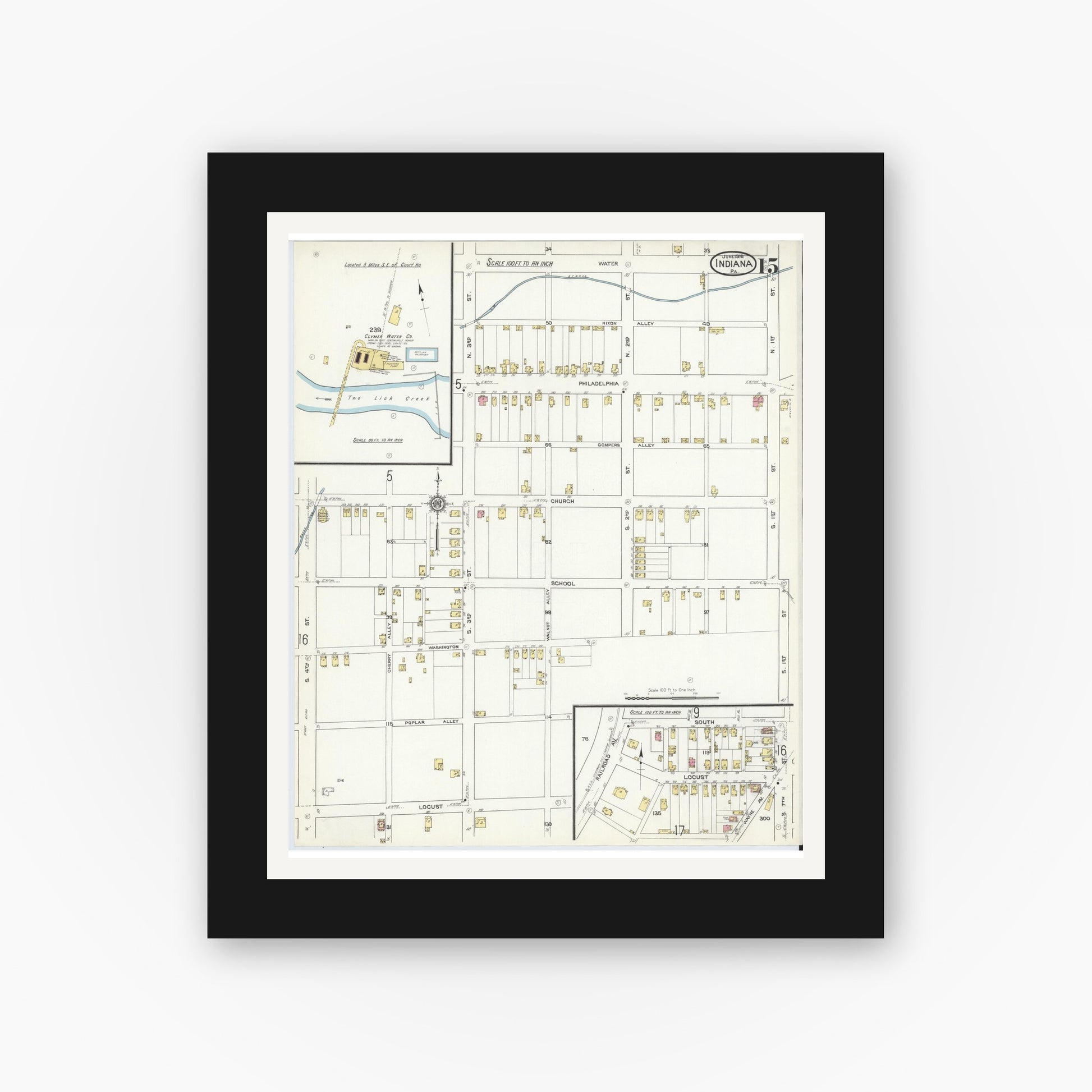 Old map wall art mockup — black gallery frame with white mat — Sanborn Fire Insurance Map from Indiana, Indiana County, Pennsylvania (1916), Sheet #0015