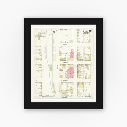 Old map wall art mockup — black gallery frame with white mat — Sanborn Fire Insurance Map from Manor, Travis County, Texas (1916), Sheet #0002