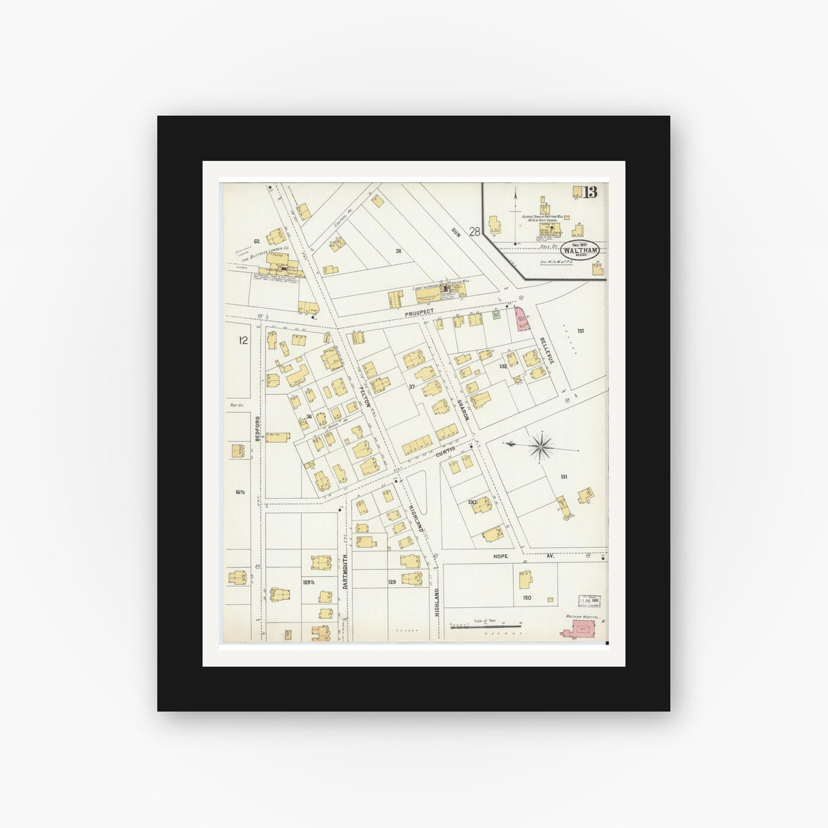 Old map wall art mockup — black gallery frame with white mat — Sanborn Fire Insurance Map from Waltham, Middlesex County, Massachusetts (1897), Sheet #0013