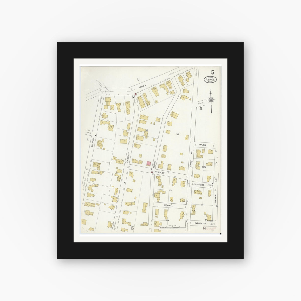 Old map wall art mockup — black gallery frame with white mat — Sanborn Fire Insurance Map from Athol, Worcester County, Massachusetts (1917), Sheet #0005