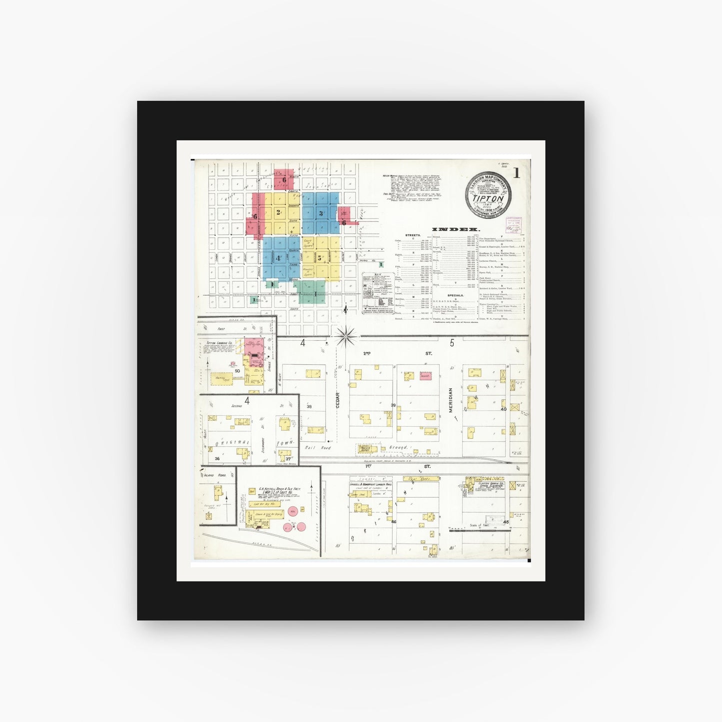 Old map wall art mockup — black gallery frame with white mat — Sanborn Fire Insurance Map from Tipton, Cedar County, Iowa (1906) â€” Complete Set