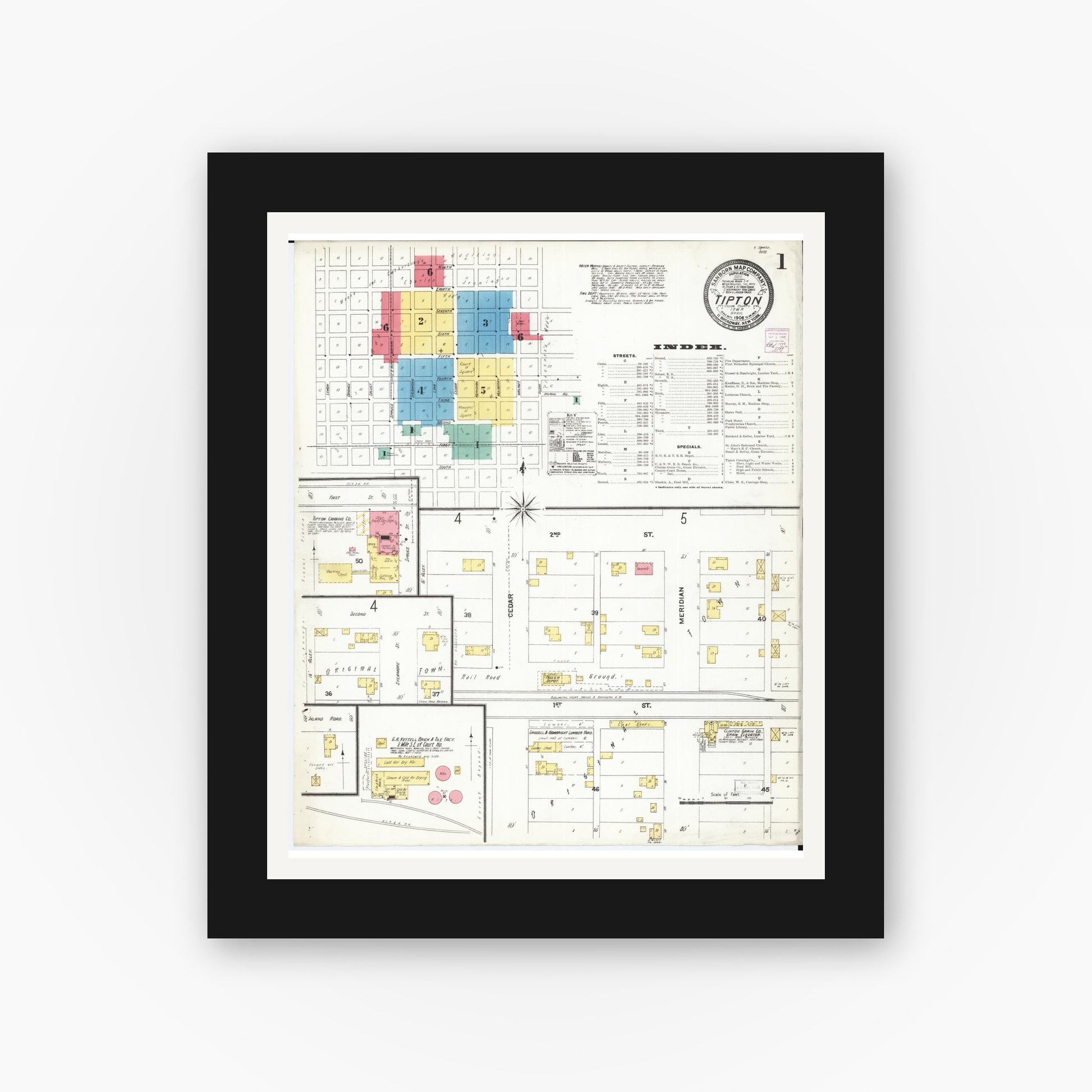Old map wall art mockup — black gallery frame with white mat — Sanborn Fire Insurance Map from Tipton, Cedar County, Iowa (1906) â€” Complete Set