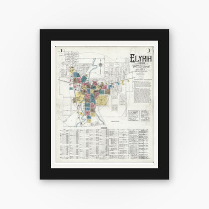 Old map wall art mockup — black gallery frame with white mat — Sanborn Fire Insurance Map from Elyria, Lorain County, Ohio (1925), Sheet #0001