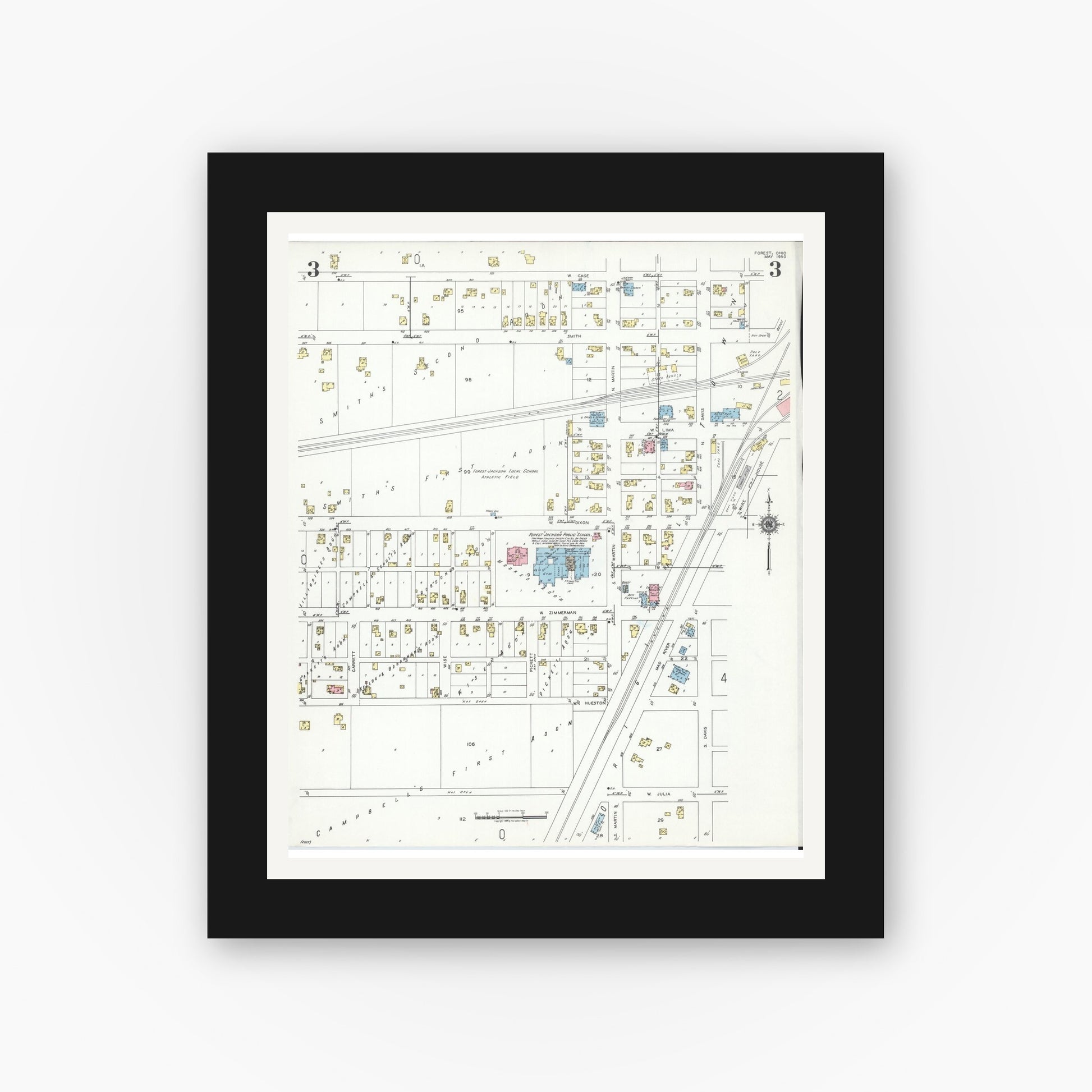 Old map wall art mockup — black gallery frame with white mat — Sanborn Fire Insurance Map from Forest, Hardin County, Ohio (1950), Sheet #0003