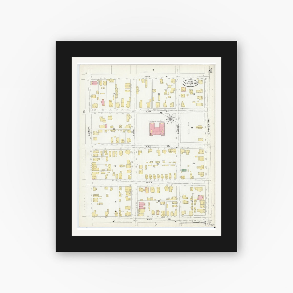 Old map wall art mockup — black gallery frame with white mat — Sanborn Fire Insurance Map from Philipsburg, Centre County, Pennsylvania (1904), Sheet #0004