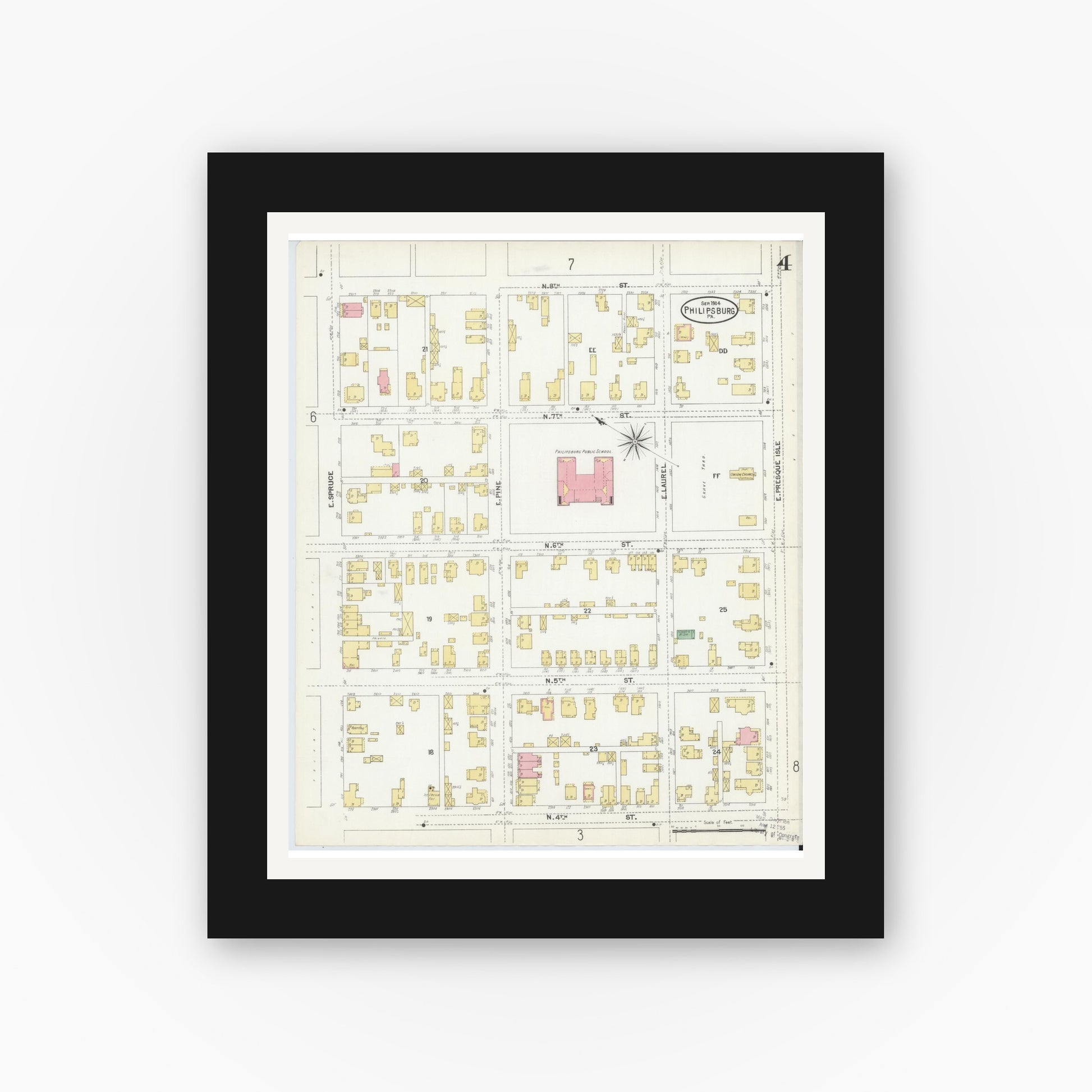 Old map wall art mockup — black gallery frame with white mat — Sanborn Fire Insurance Map from Philipsburg, Centre County, Pennsylvania (1904), Sheet #0004