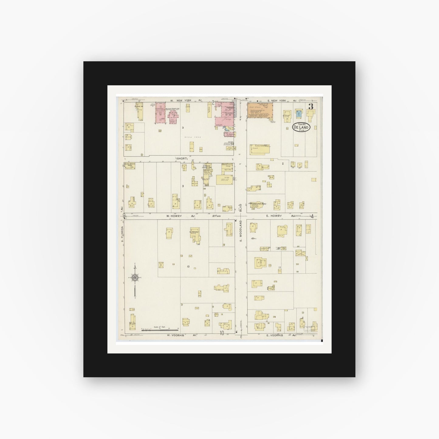 Old map wall art mockup — black gallery frame with white mat — Sanborn Fire Insurance Map from De Land, Volusia County, Florida (1915), Sheet #0003