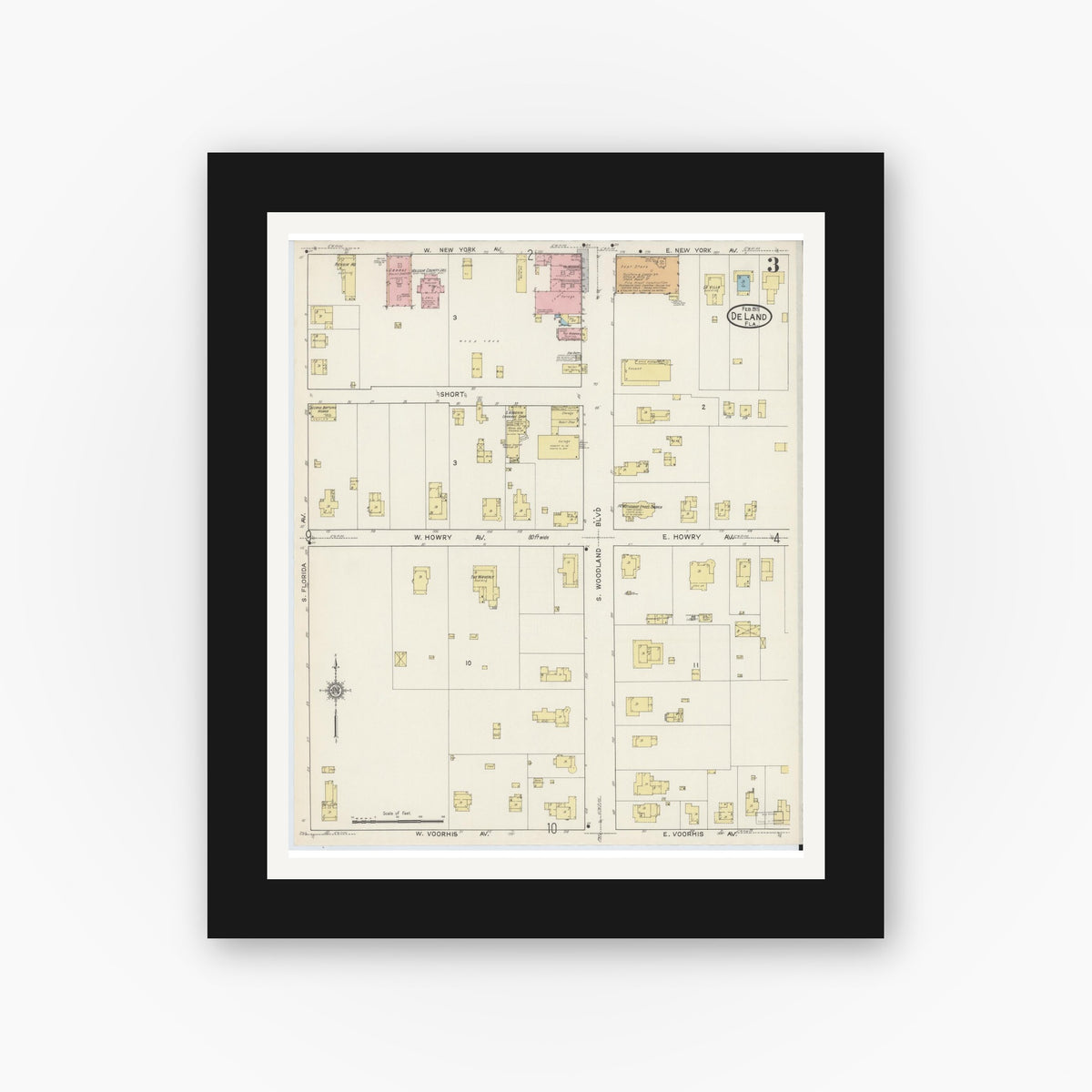Old map wall art mockup — black gallery frame with white mat — Sanborn Fire Insurance Map from De Land, Volusia County, Florida (1915), Sheet #0003