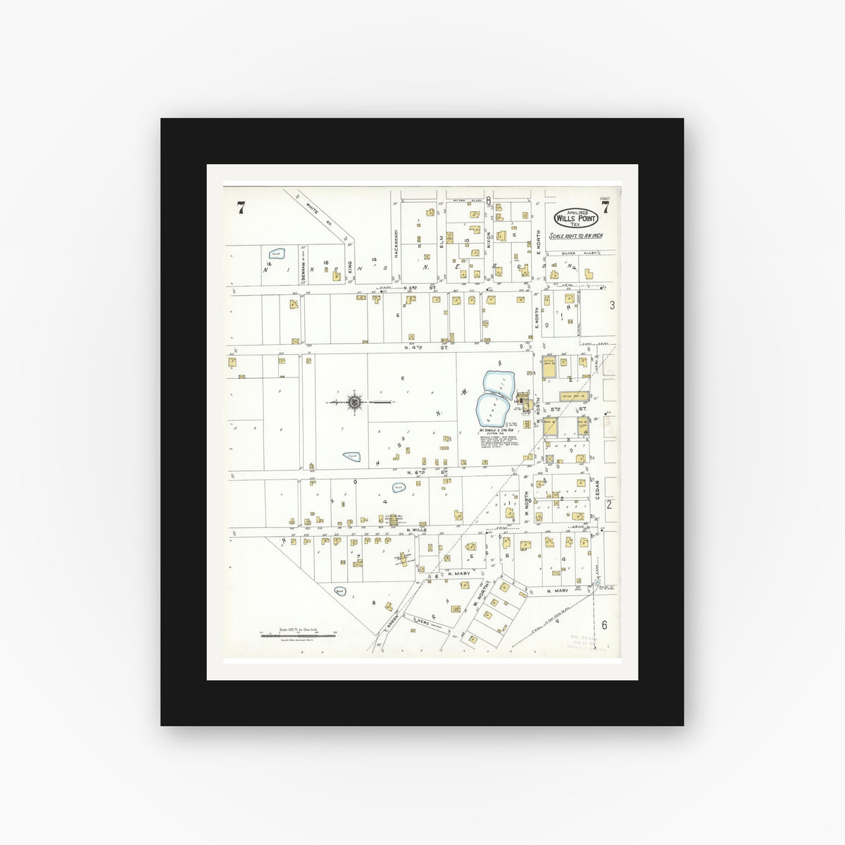 Old map wall art mockup — black gallery frame with white mat — Sanborn Fire Insurance Map from Wills Point, Van Zandt County, Texas (1923), Sheet #0007
