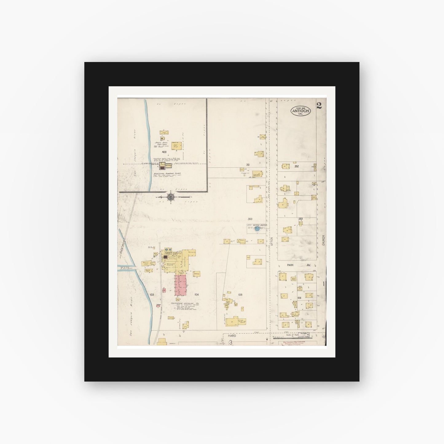 Old map wall art mockup — black gallery frame with white mat — Sanborn Fire Insurance Map from Antioch, Contra Costa County, California (1912), Sheet #0002