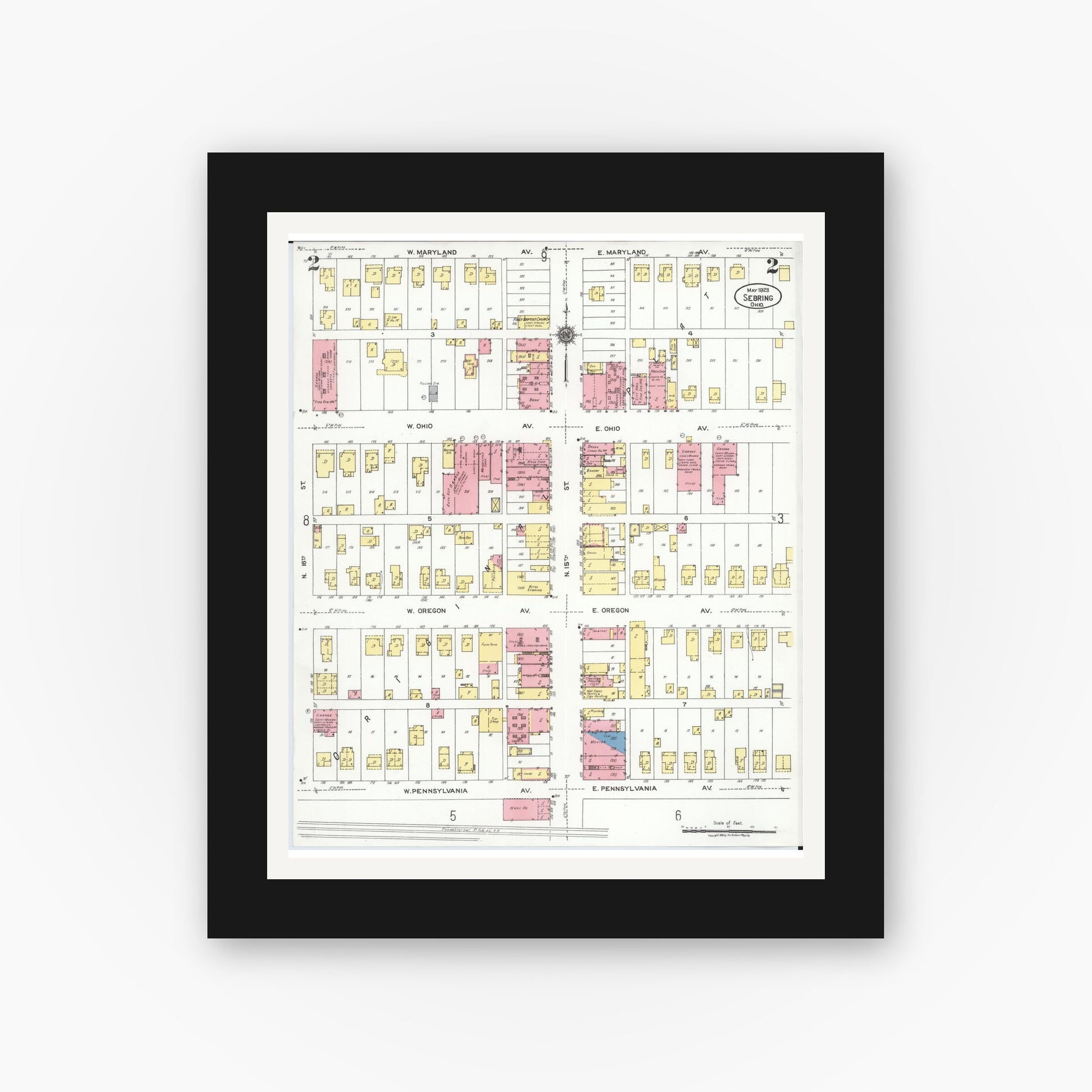 Old map wall art mockup — black gallery frame with white mat — Sanborn Fire Insurance Map from Sebring, Mahoning County, Ohio (1923), Sheet #0002