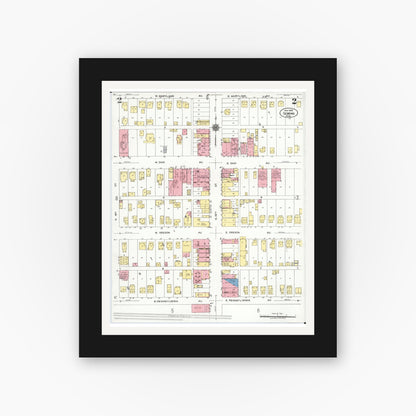 Old map wall art mockup — black gallery frame with white mat — Sanborn Fire Insurance Map from Sebring, Mahoning County, Ohio (1923), Sheet #0002