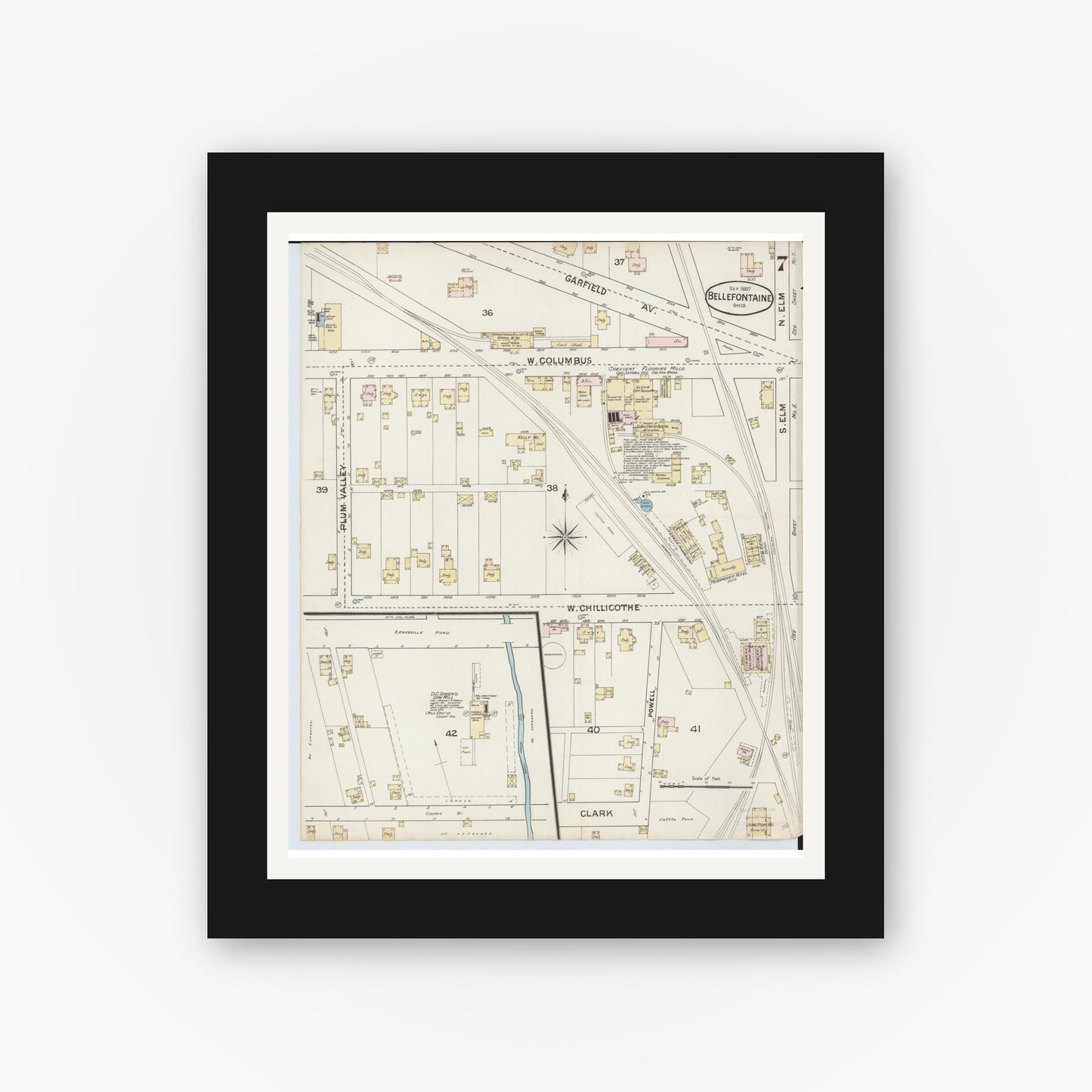 Old map wall art mockup — black gallery frame with white mat — Sanborn Fire Insurance Map from Bellefontaine, Logan County, Ohio (1887), Sheet #0007