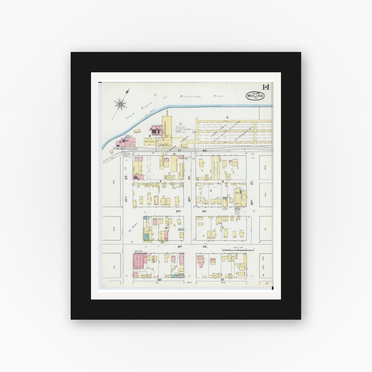 Old map wall art mockup — black gallery frame with white mat — Sanborn Fire Insurance Map from Moline, Rock Island County, Illinois (1892), Sheet #0014