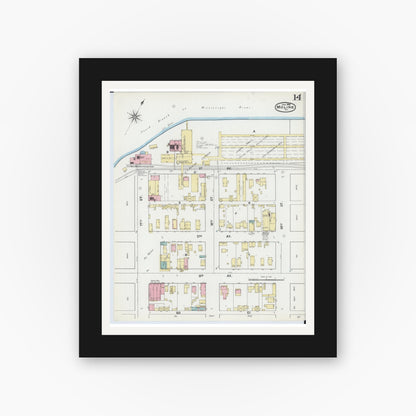 Old map wall art mockup — black gallery frame with white mat — Sanborn Fire Insurance Map from Moline, Rock Island County, Illinois (1892), Sheet #0014