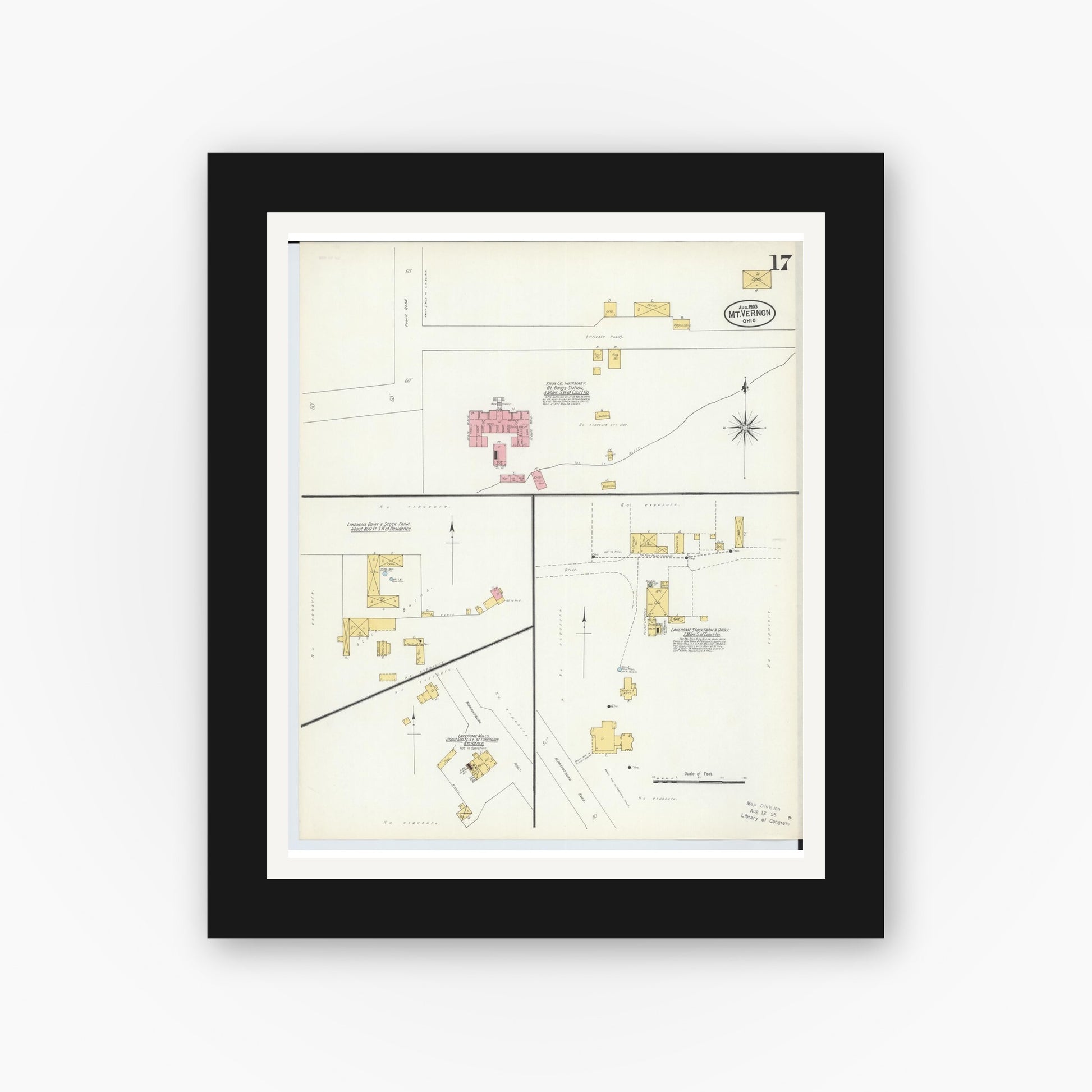 Old map wall art mockup — black gallery frame with white mat — Sanborn Fire Insurance Map from Mount Vernon, Knox County, Ohio (1903), Sheet #0017