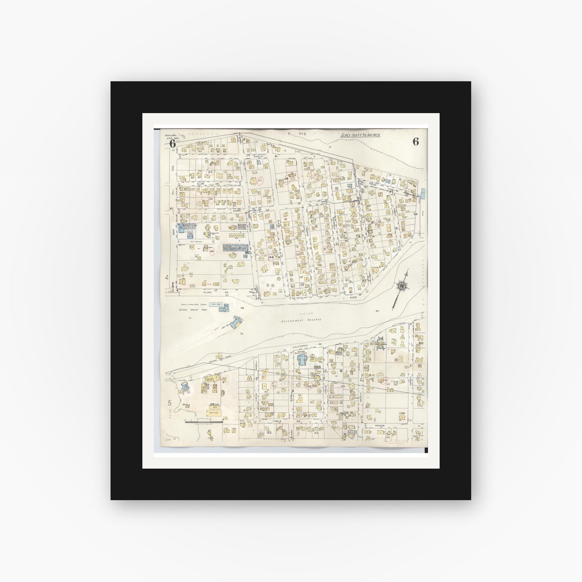 Old map wall art mockup — black gallery frame with white mat — Sanborn Fire Insurance Map from Wahiawa, Honolulu County, Hawaii (1957), Sheet #0006
