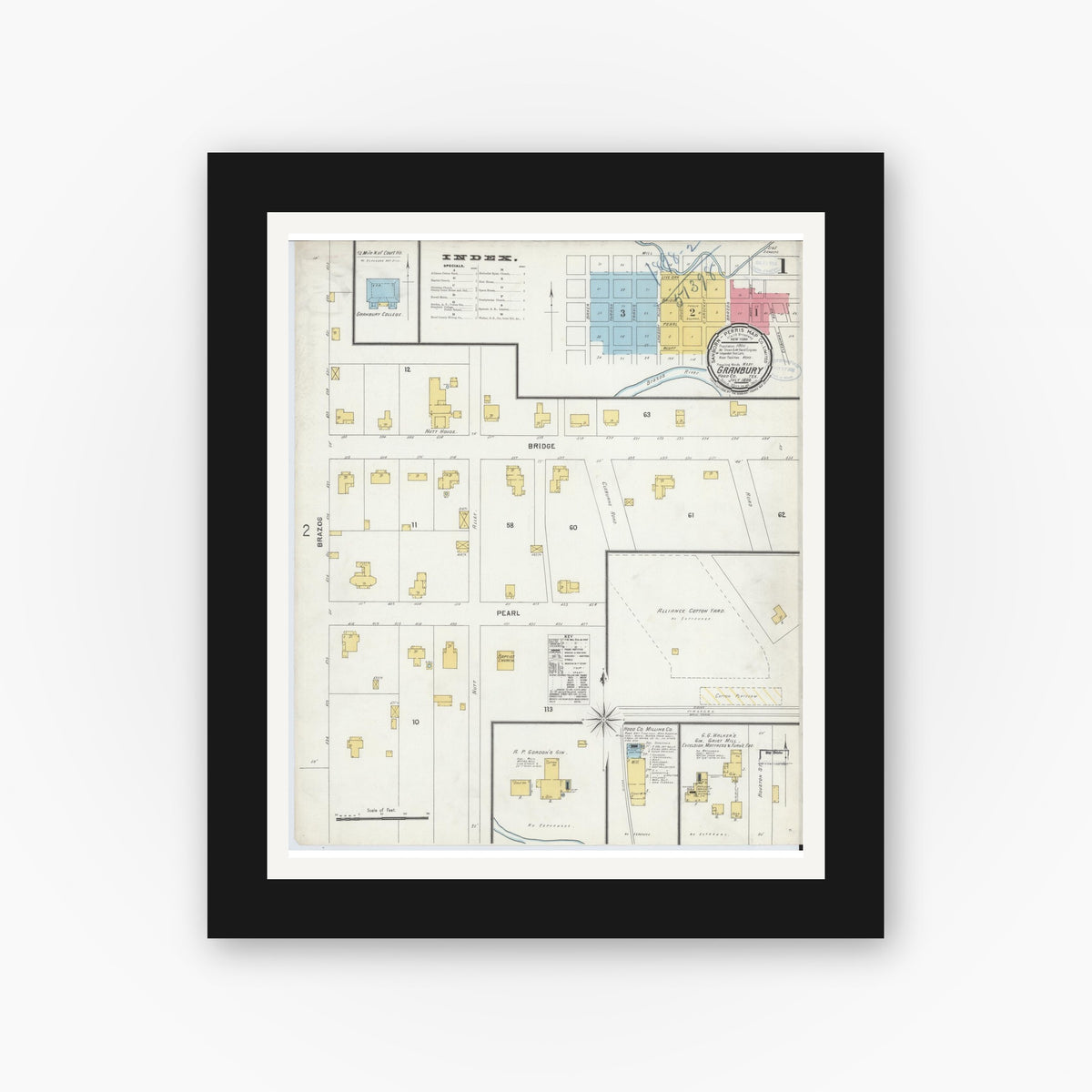 Old map wall art mockup — black gallery frame with white mat — Sanborn Fire Insurance Map from Granbury, Hood County, Texas (1898) - Complete Map Set