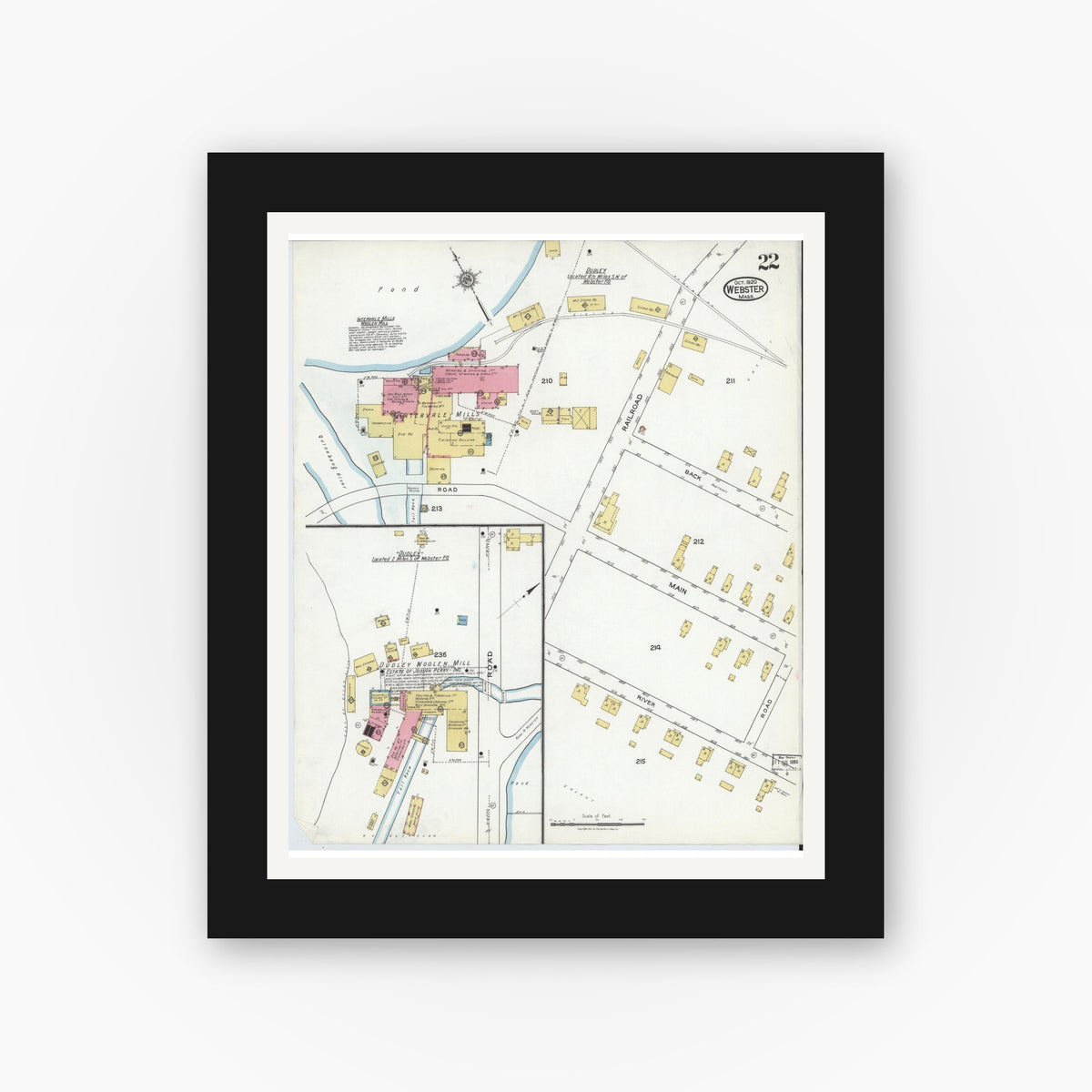 Old map wall art mockup — black gallery frame with white mat — Sanborn Fire Insurance Map from Webster, Worcester County, Massachusetts (1920), Sheet #0022