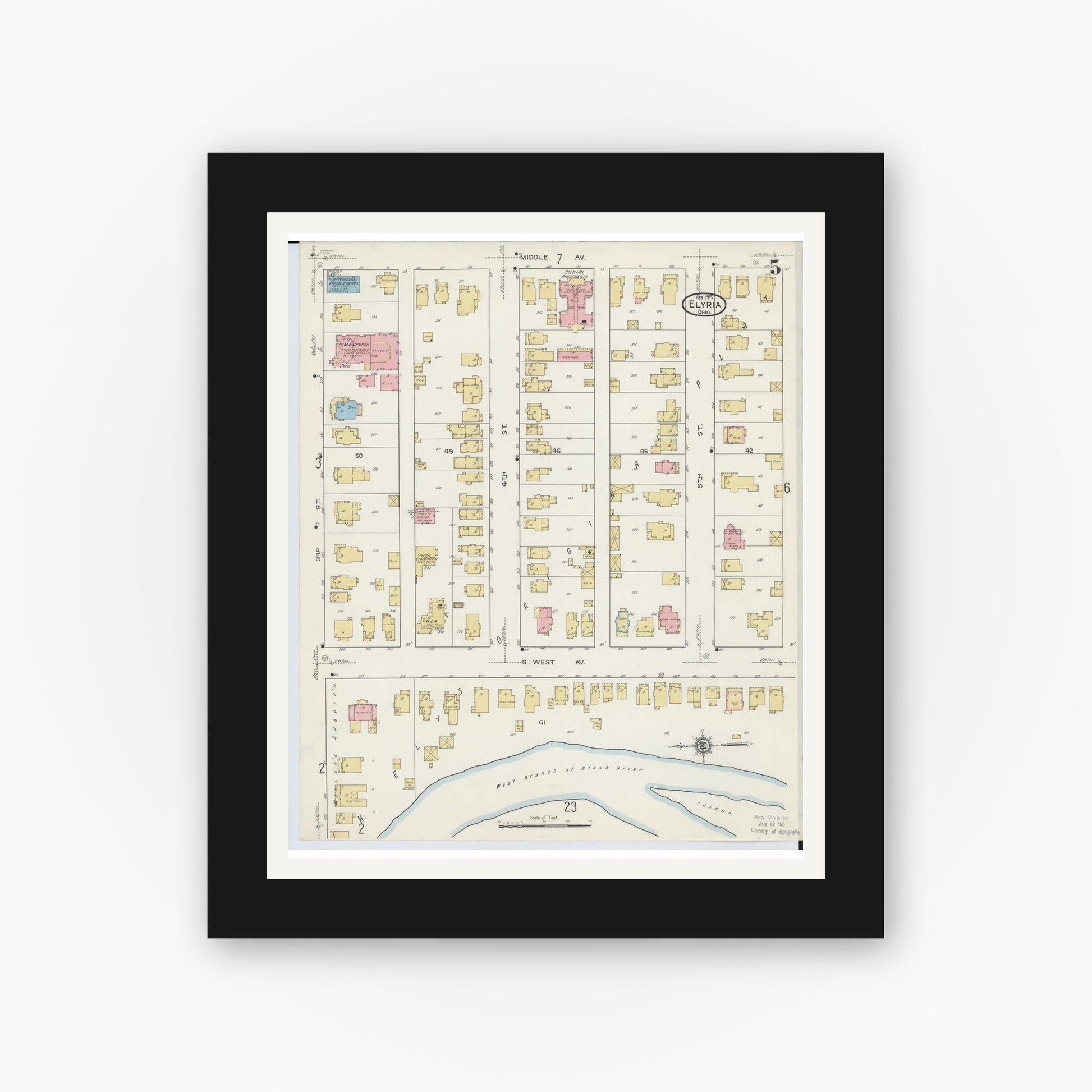 Old map wall art mockup — black gallery frame with white mat — Sanborn Fire Insurance Map from Elyria, Lorain County, Ohio (1915), Sheet #0005