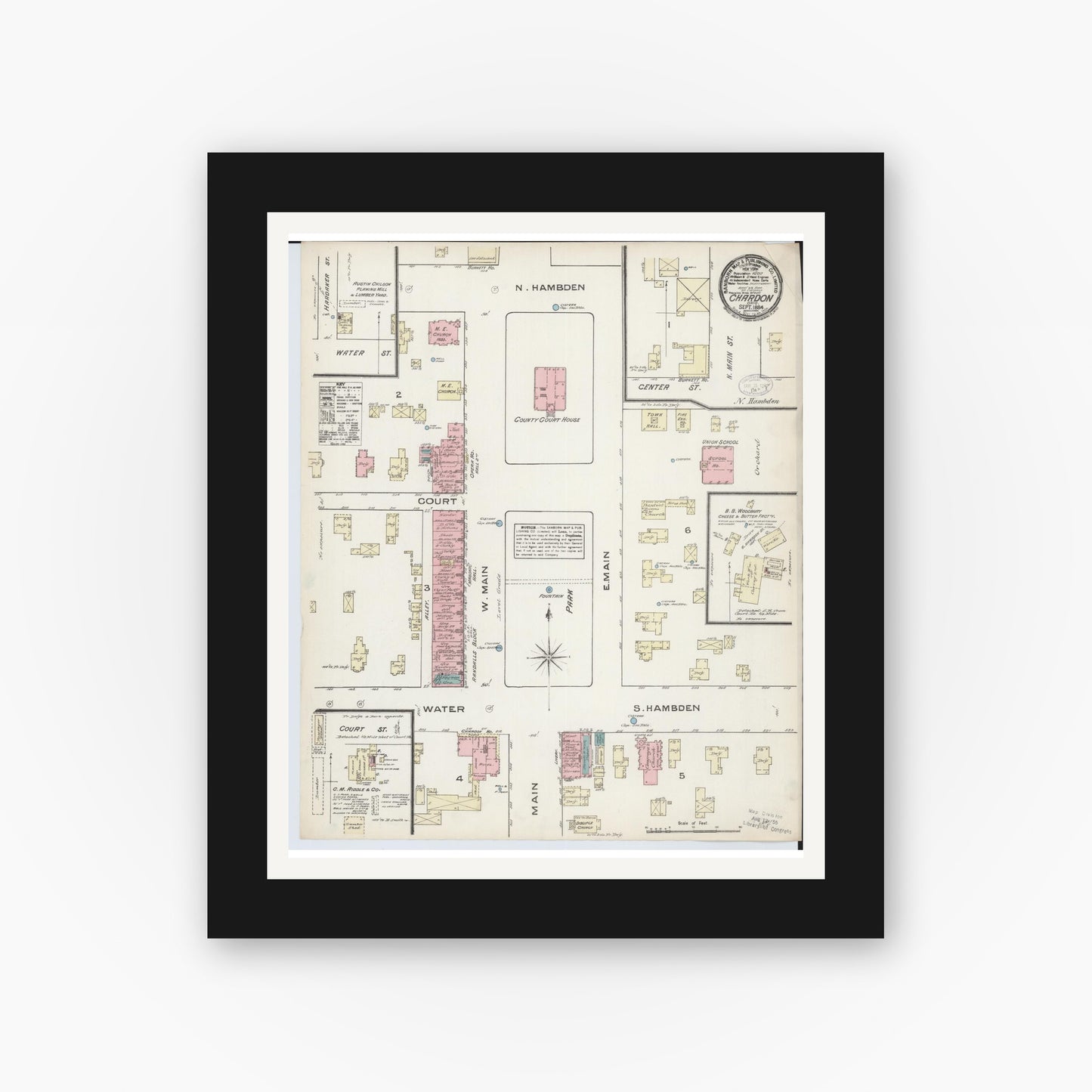 Old map wall art mockup — black gallery frame with white mat — Sanborn Fire Insurance Map from Chardon, Geauga County, Ohio (1884), Sheet #0001