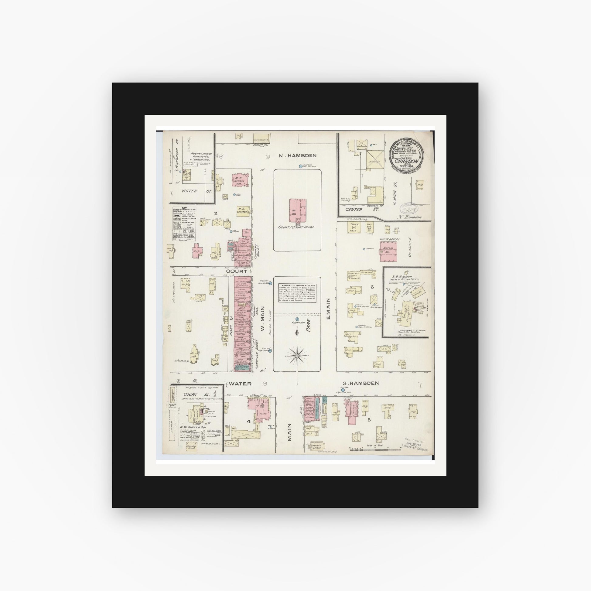 Old map wall art mockup — black gallery frame with white mat — Sanborn Fire Insurance Map from Chardon, Geauga County, Ohio (1884), Sheet #0001
