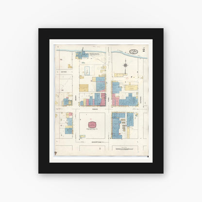 Old map wall art mockup — black gallery frame with white mat — Sanborn Fire Insurance Map from Llano, Llano County, Texas (1942), Sheet #0002