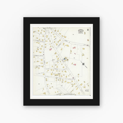 Old map wall art mockup — black gallery frame with white mat — Sanborn Fire Insurance Map from Milton, Norfolk County, Massachusetts (1911), Sheet #0008