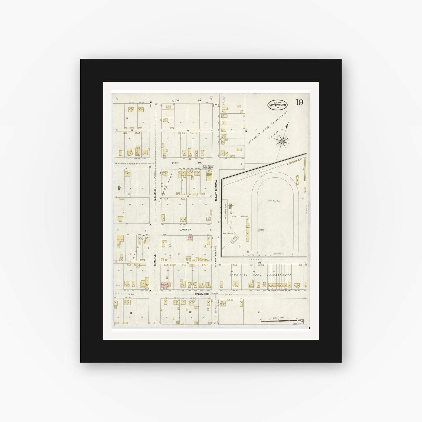 Old map wall art mockup — black gallery frame with white mat — Sanborn Fire Insurance Map from Mount Vernon, Posey County, Indiana (1907), Sheet #0019