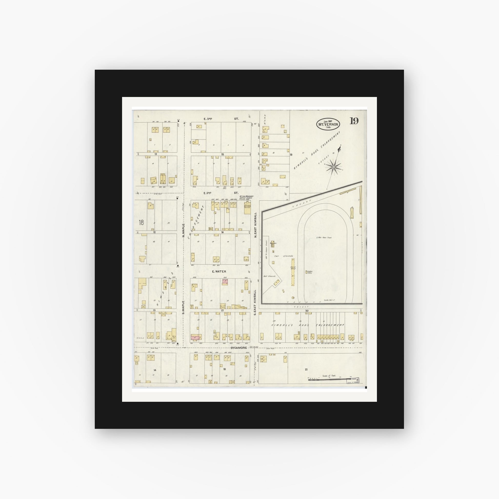 Old map wall art mockup — black gallery frame with white mat — Sanborn Fire Insurance Map from Mount Vernon, Posey County, Indiana (1907), Sheet #0019