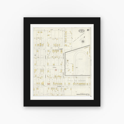 Old map wall art mockup — black gallery frame with white mat — Sanborn Fire Insurance Map from Mount Vernon, Posey County, Indiana (1907), Sheet #0019