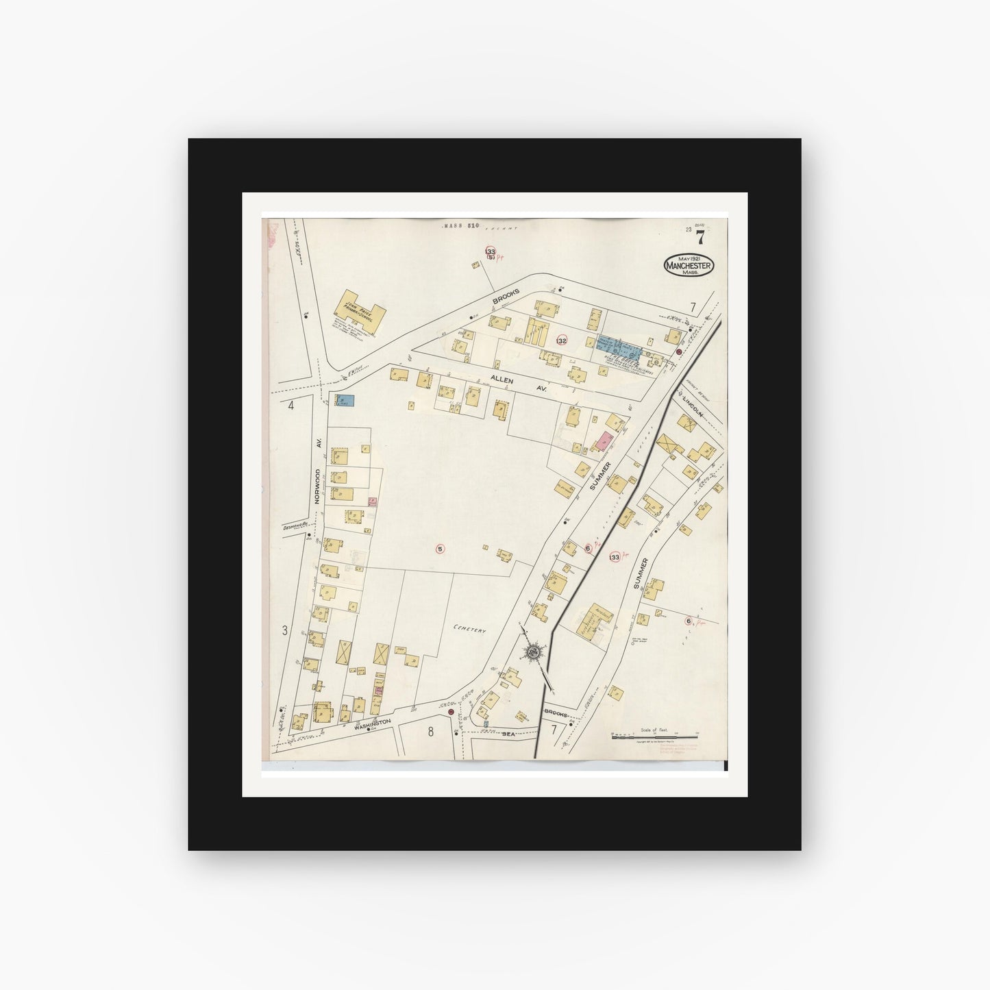 Old map wall art mockup — black gallery frame with white mat — Sanborn Fire Insurance Map from Manchester, Essex County, Massachusetts (1941), Sheet #0007