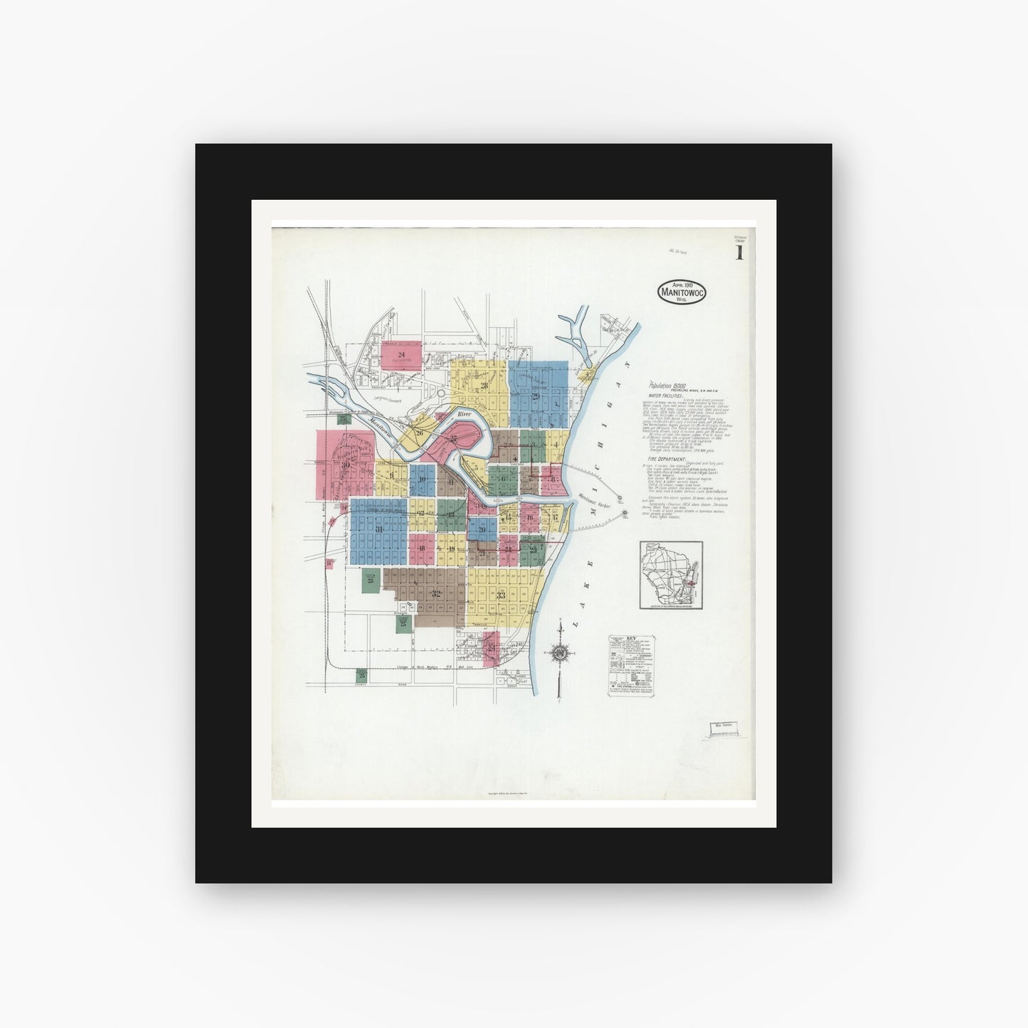 Old map wall art mockup — black gallery frame with white mat — Sanborn Fire Insurance Map from Manitowoc, Manitowoc County, Wisconsin (1919) - Complete Map Set