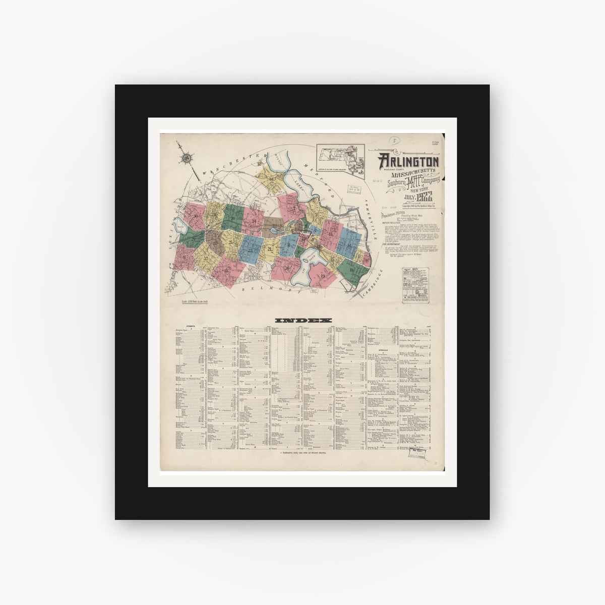Old map wall art mockup — black gallery frame with white mat — Sanborn Fire Insurance Map from Arlington, Middlesex County, Massachusetts (1922), Sheet #0001