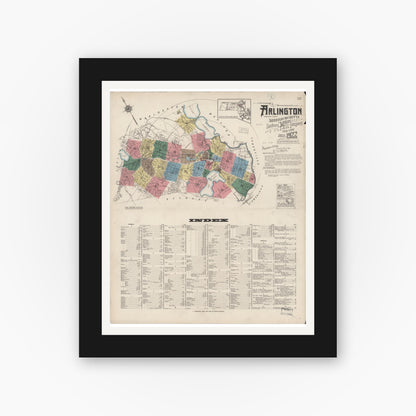 Old map wall art mockup — black gallery frame with white mat — Sanborn Fire Insurance Map from Arlington, Middlesex County, Massachusetts (1922), Sheet #0001