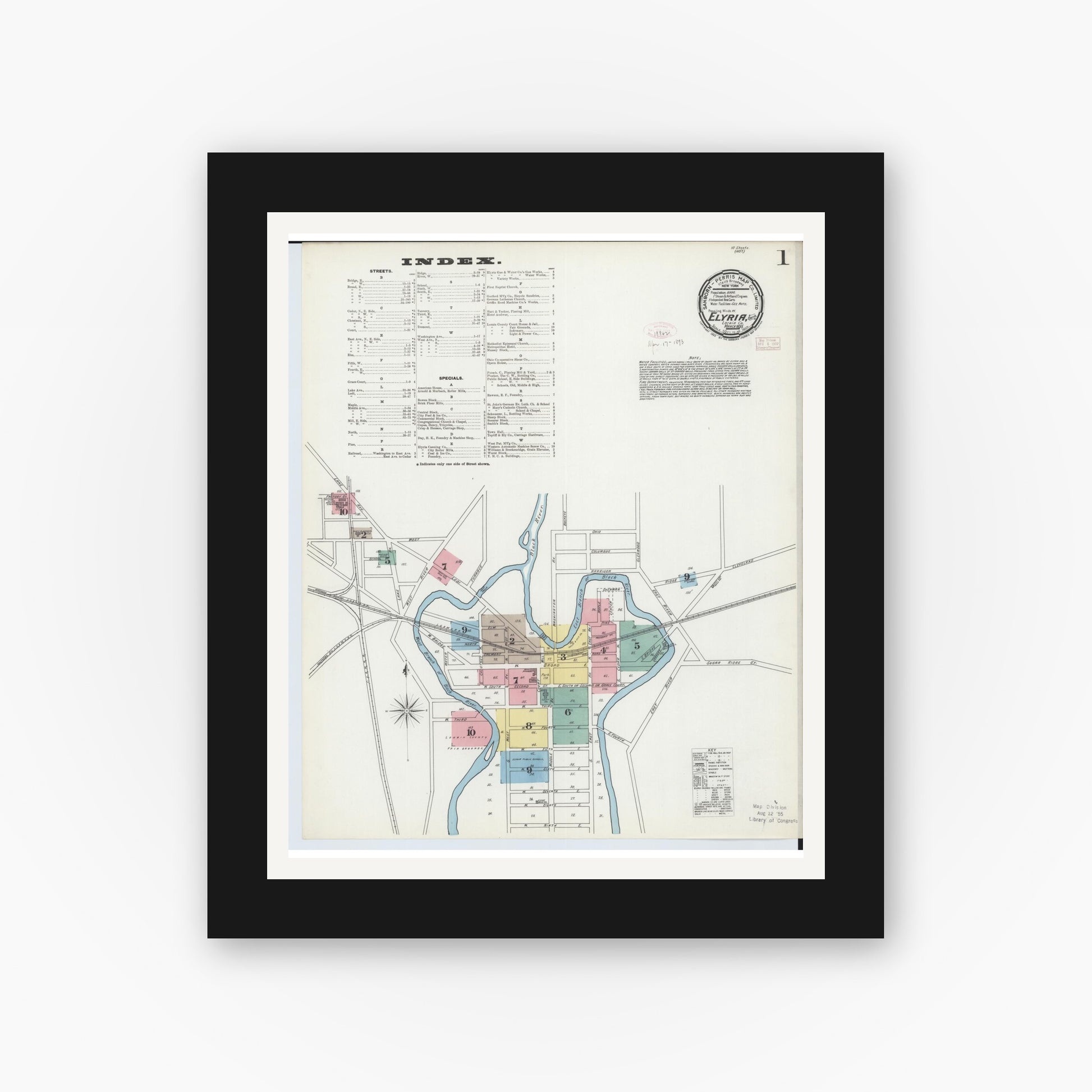 Old map wall art mockup — black gallery frame with white mat — Sanborn Fire Insurance Map from Elyria, Lorain County, Ohio (1893), Sheet #0001
