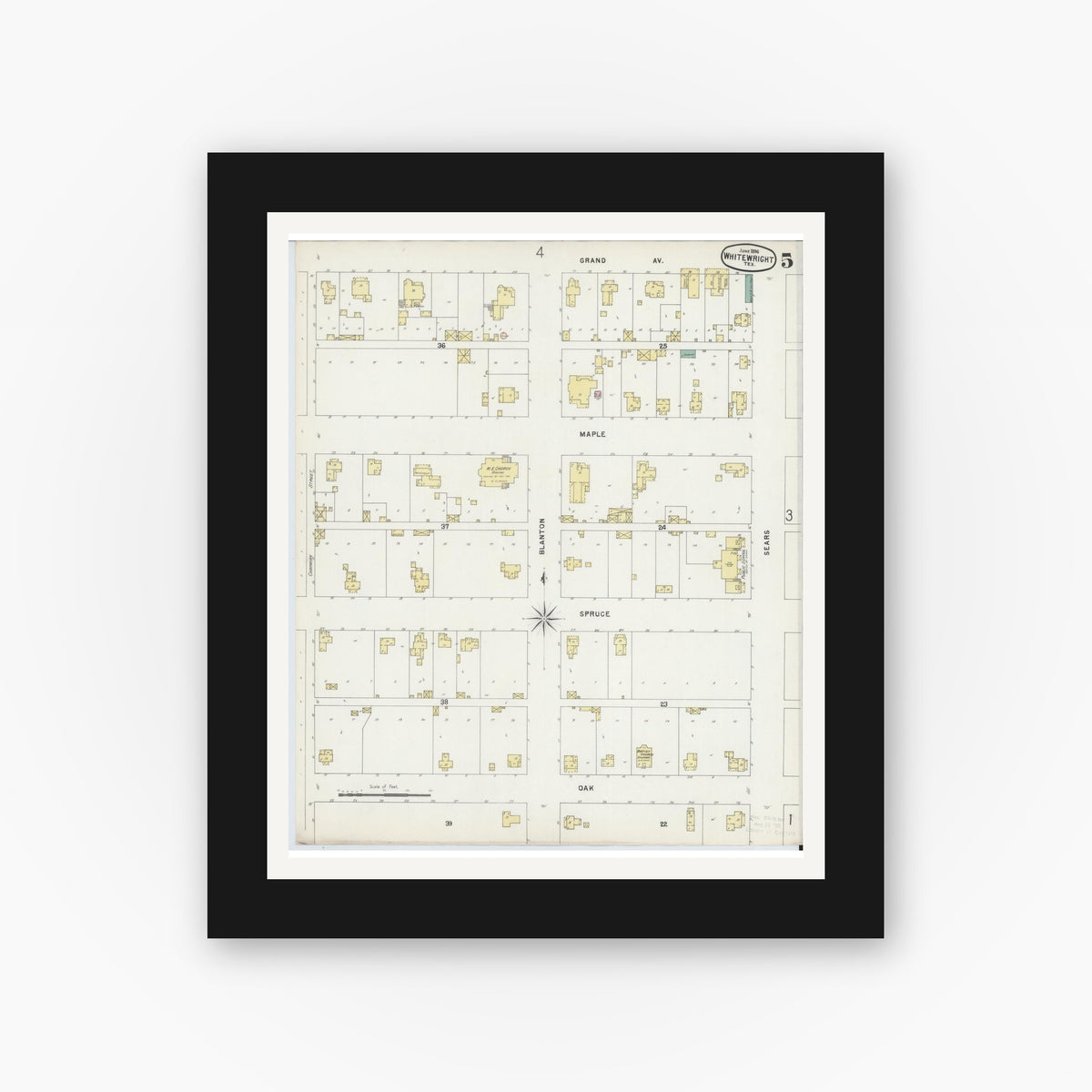 Old map wall art mockup — black gallery frame with white mat — Sanborn Fire Insurance Map from Whitewright, Grayson County, Texas (1896), Sheet #0005