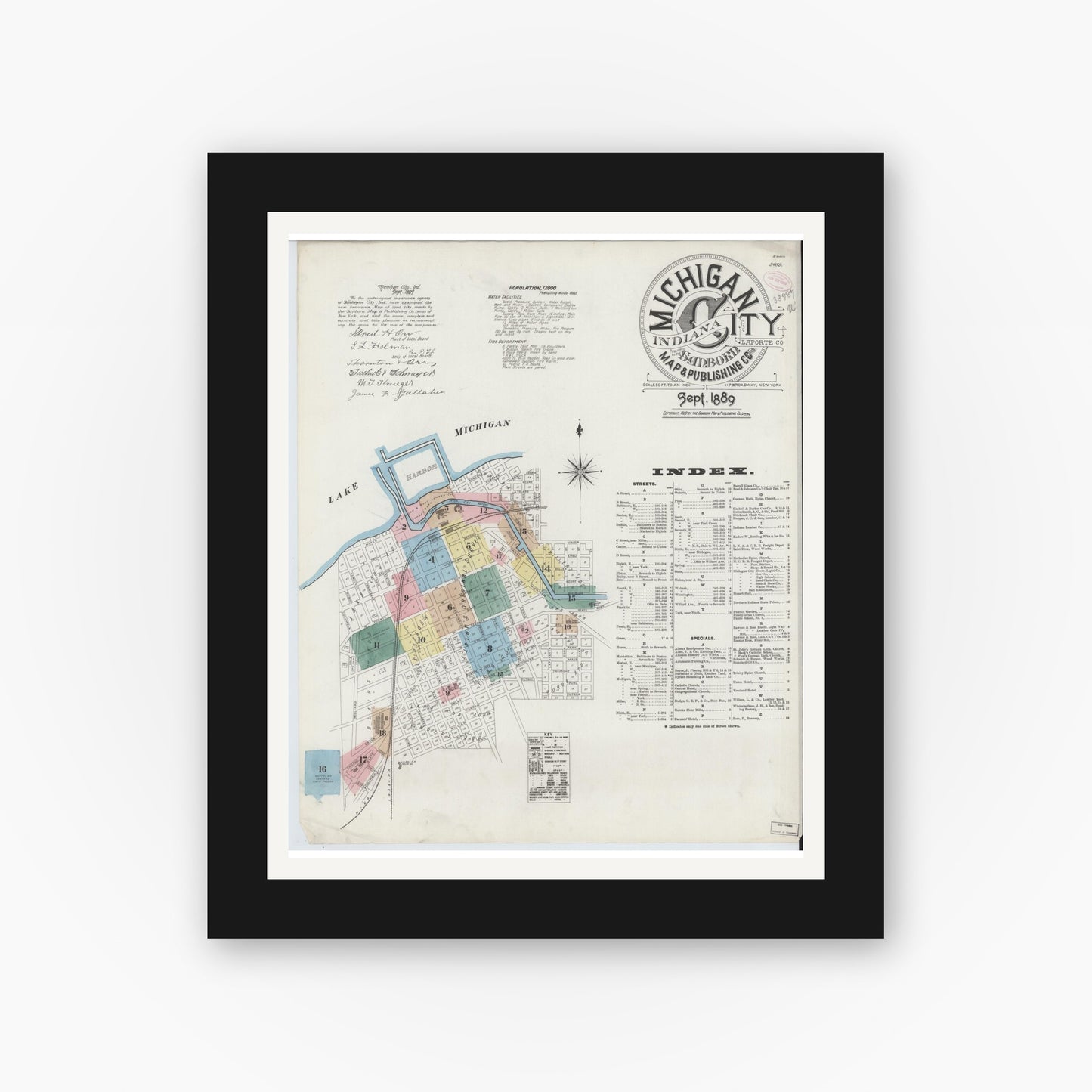 Old map wall art mockup — black gallery frame with white mat — Sanborn Fire Insurance Map from Michigan City, La Porte County, Indiana (1889), Sheet #0001