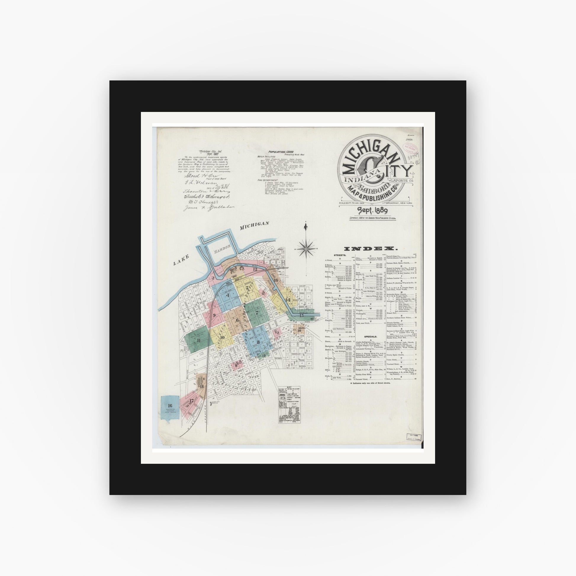 Old map wall art mockup — black gallery frame with white mat — Sanborn Fire Insurance Map from Michigan City, La Porte County, Indiana (1889), Sheet #0001
