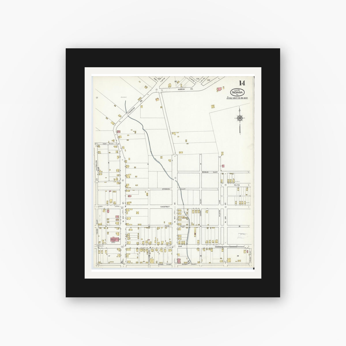 Old map wall art mockup — black gallery frame with white mat — Sanborn Fire Insurance Map from Indiana, Indiana County, Pennsylvania (1916), Sheet #0014