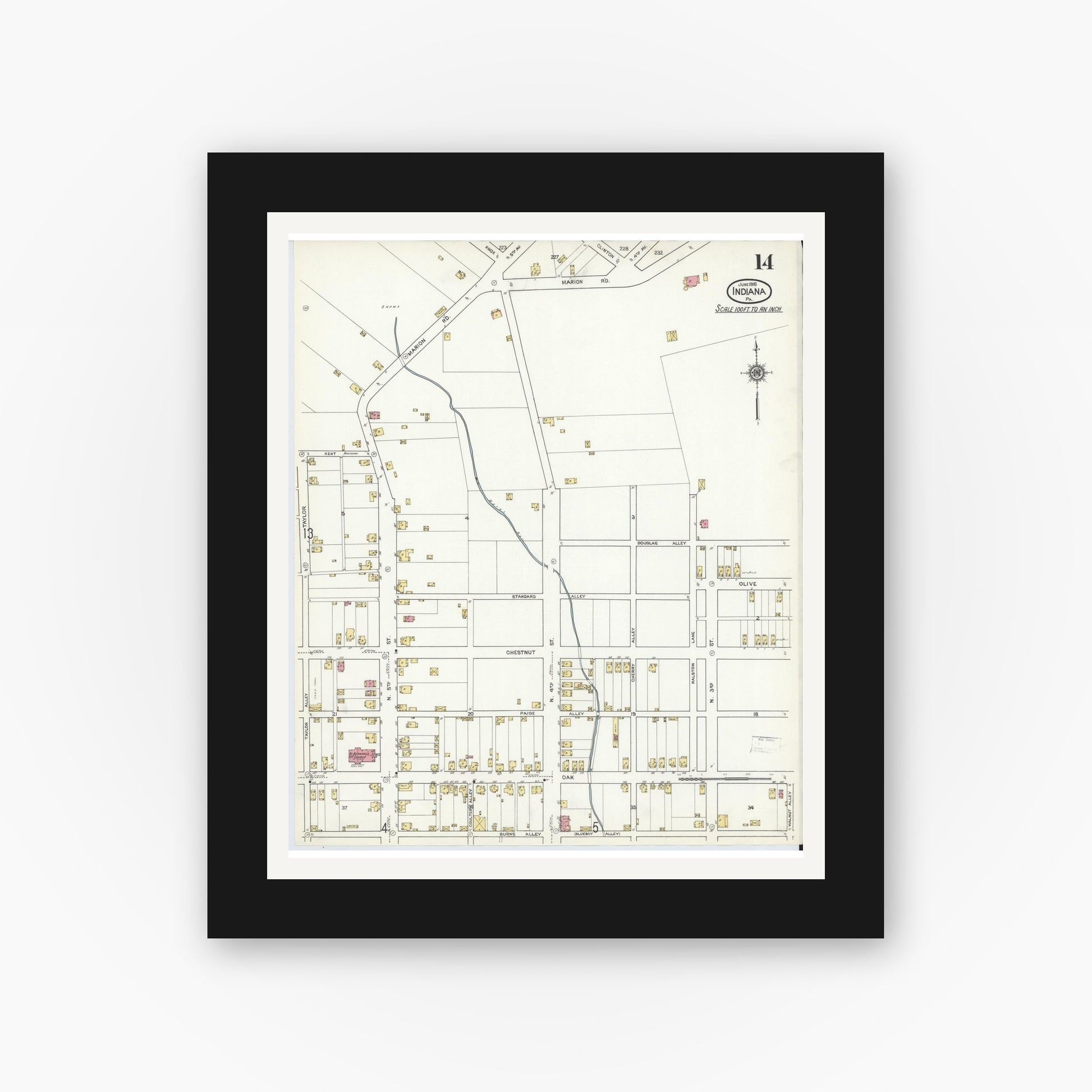 Old map wall art mockup — black gallery frame with white mat — Sanborn Fire Insurance Map from Indiana, Indiana County, Pennsylvania (1916), Sheet #0014