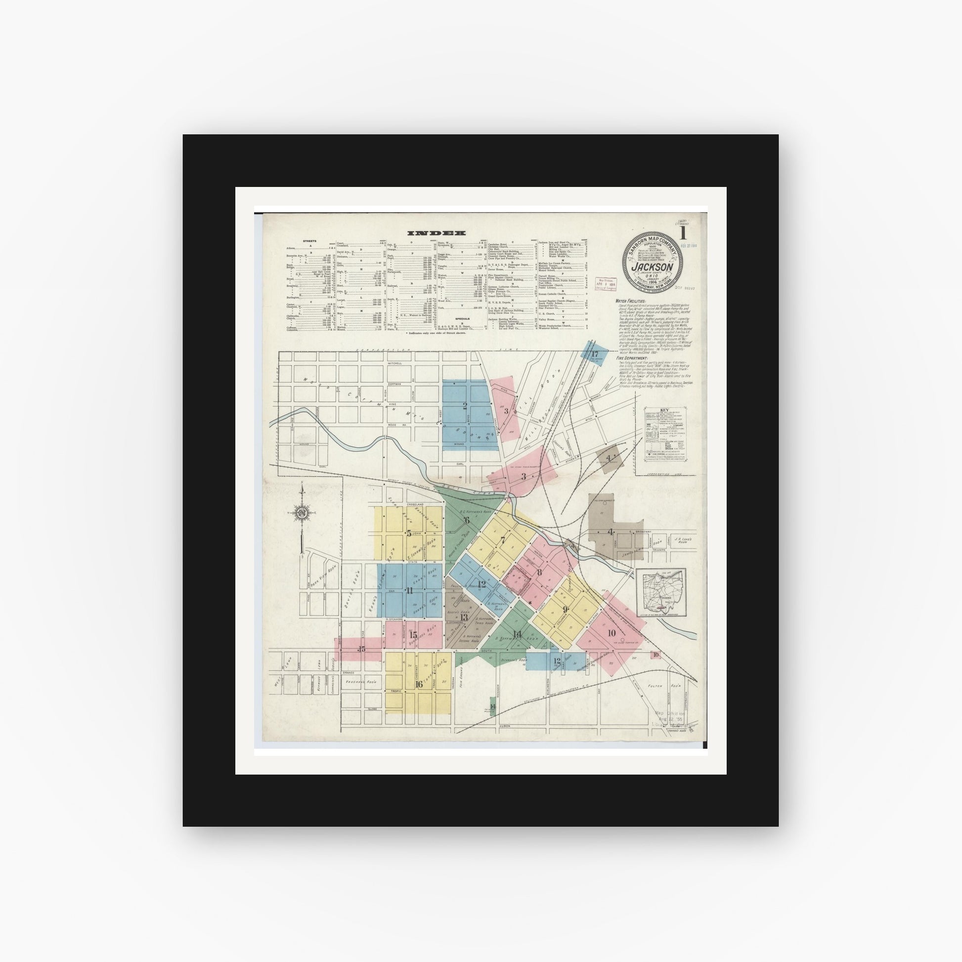 Old map wall art mockup — black gallery frame with white mat — Sanborn Fire Insurance Map from Jackson, Jackson County, Ohio (1914) - Complete Map Set