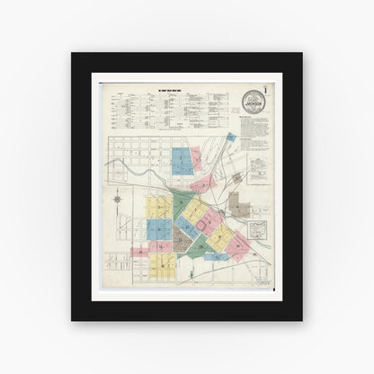 Old map wall art mockup — black gallery frame with white mat — Sanborn Fire Insurance Map from Jackson, Jackson County, Ohio (1914) - Complete Map Set